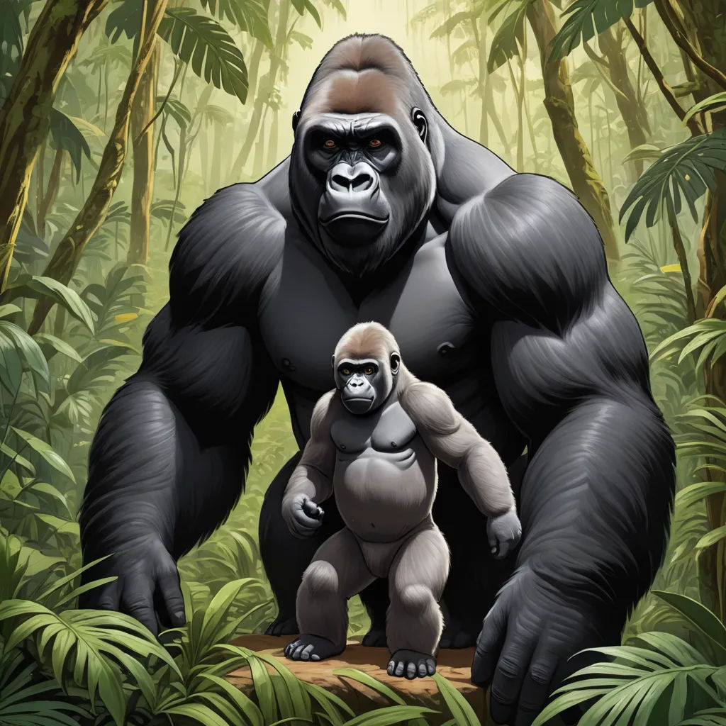 a gorilla and a baby gorilla standing in the jungle together, with a background of trees and foliage, and a sunbeam, furry art, an illustration of, Alex Petruk APe, official art