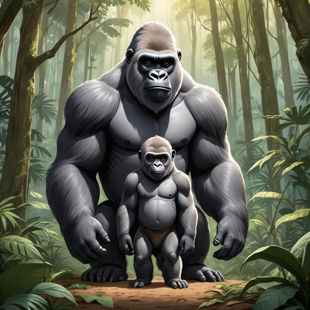 a gorilla and a baby gorilla standing in the middle of a forest with trees and leaves on the ground, furry art, a poster, Alex Petruk APe, official art