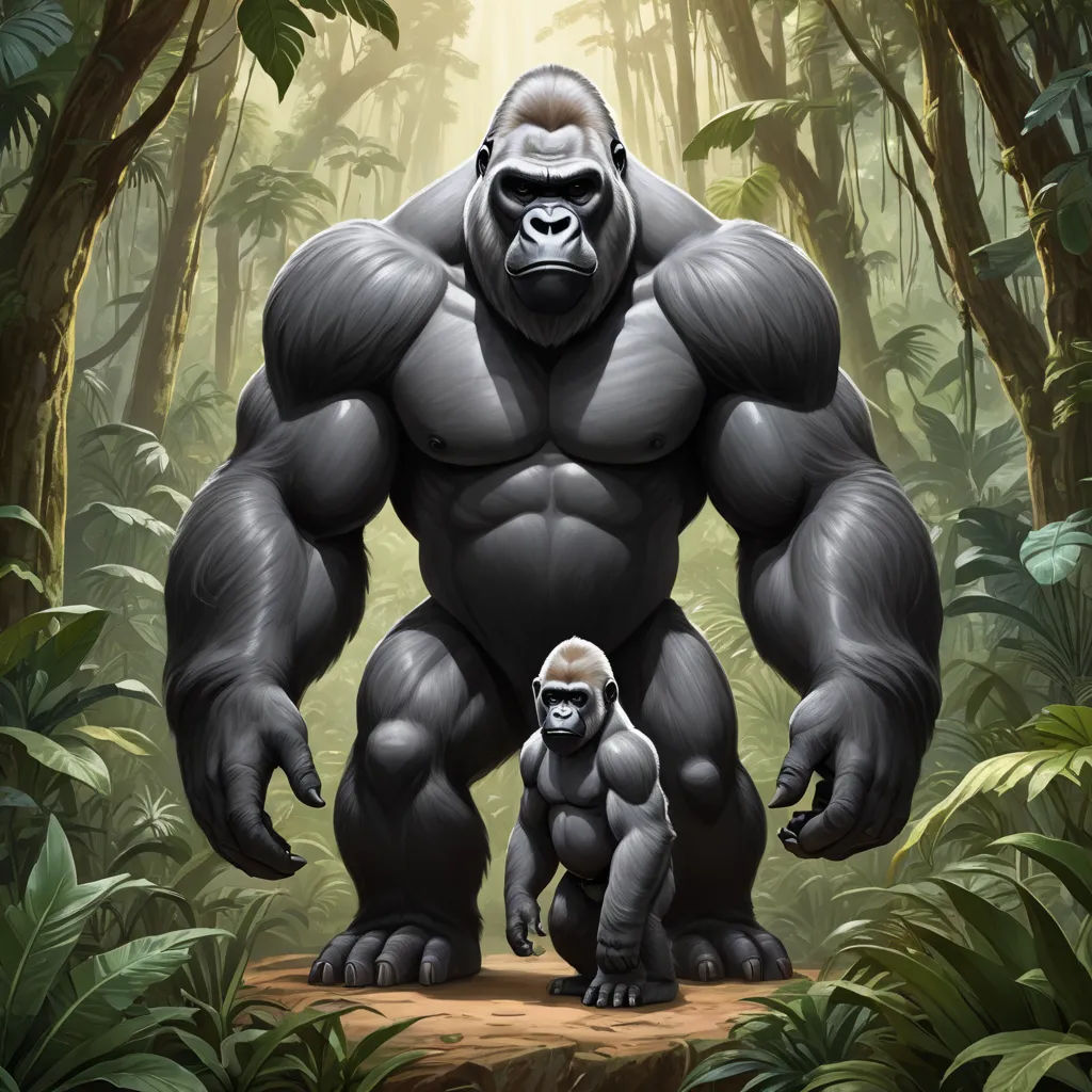 a gorilla and a gorilla standing in the middle of a jungle with trees and bushes behind it, and a gorilla standing in the middle of the picture, furry art, a digital painting, Alex Petruk APe, highly detailed digital painting