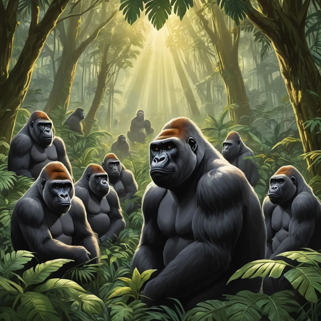 a group of gorillas in a jungle with a man in the background looking at them with a light shining on them, primitivism, an illustration of, Alex Petruk APe, official art