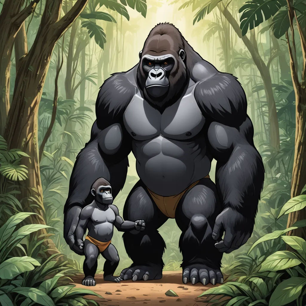 a gorilla and a gorilla standing in the middle of a jungle with trees and bushes behind it, with a baby gorilla standing next to it, furry art, a storybook illustration, Alex Petruk APe, official art