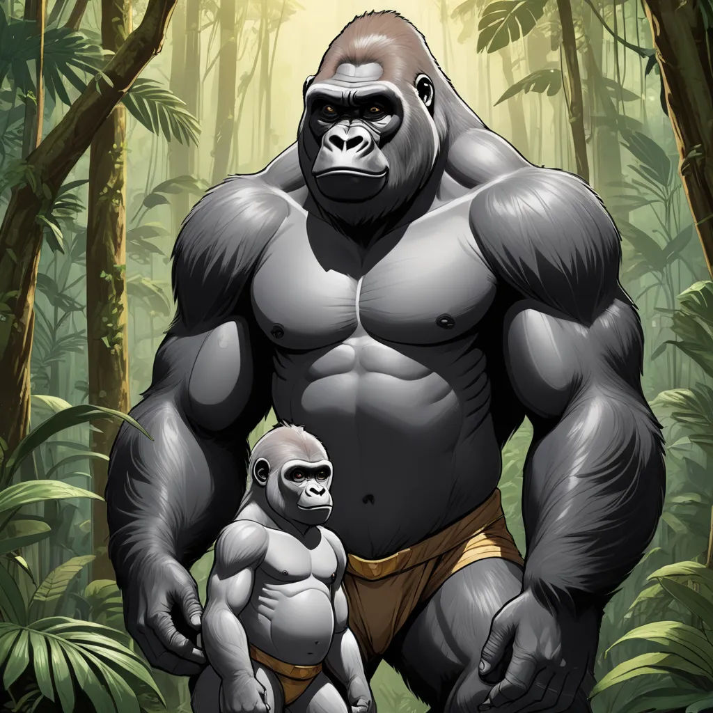 a gorilla and a baby gorilla standing in a forest with trees and plants behind them, with a light shining on the gorilla, furry art, a comic book panel, Alex Petruk APe, weta digital