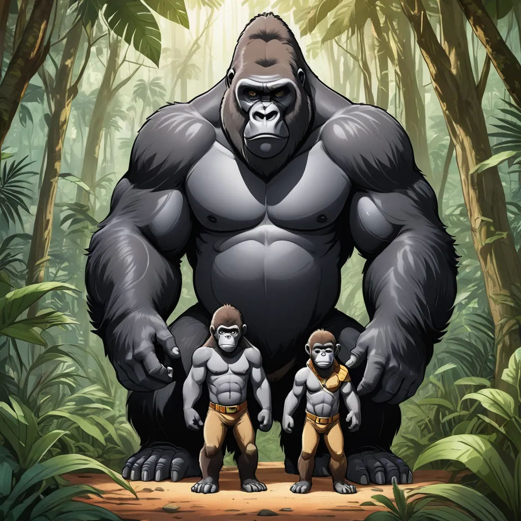 a gorilla and two gorillas standing in the middle of a jungle with trees and bushes behind them, with a man in the middle of the gorilla's arms, furry art, an illustration of, Alex Petruk APe, official art