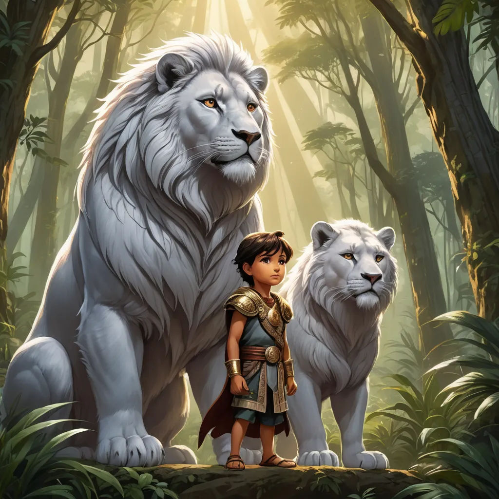 a young girl standing next to a white lion in a forest with a white lion behind her and a white lion behind her, sots art, poster art, Cliff Childs, promotional image