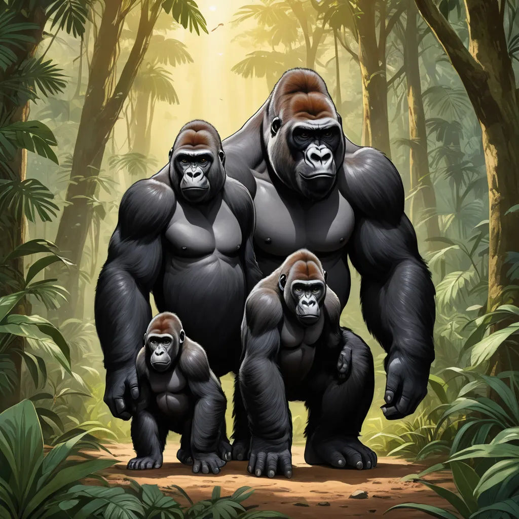 a group of gorillas standing in the middle of a forest with trees and plants around them, with a light shining on them, furry art, an illustration of, Alex Petruk APe, official art