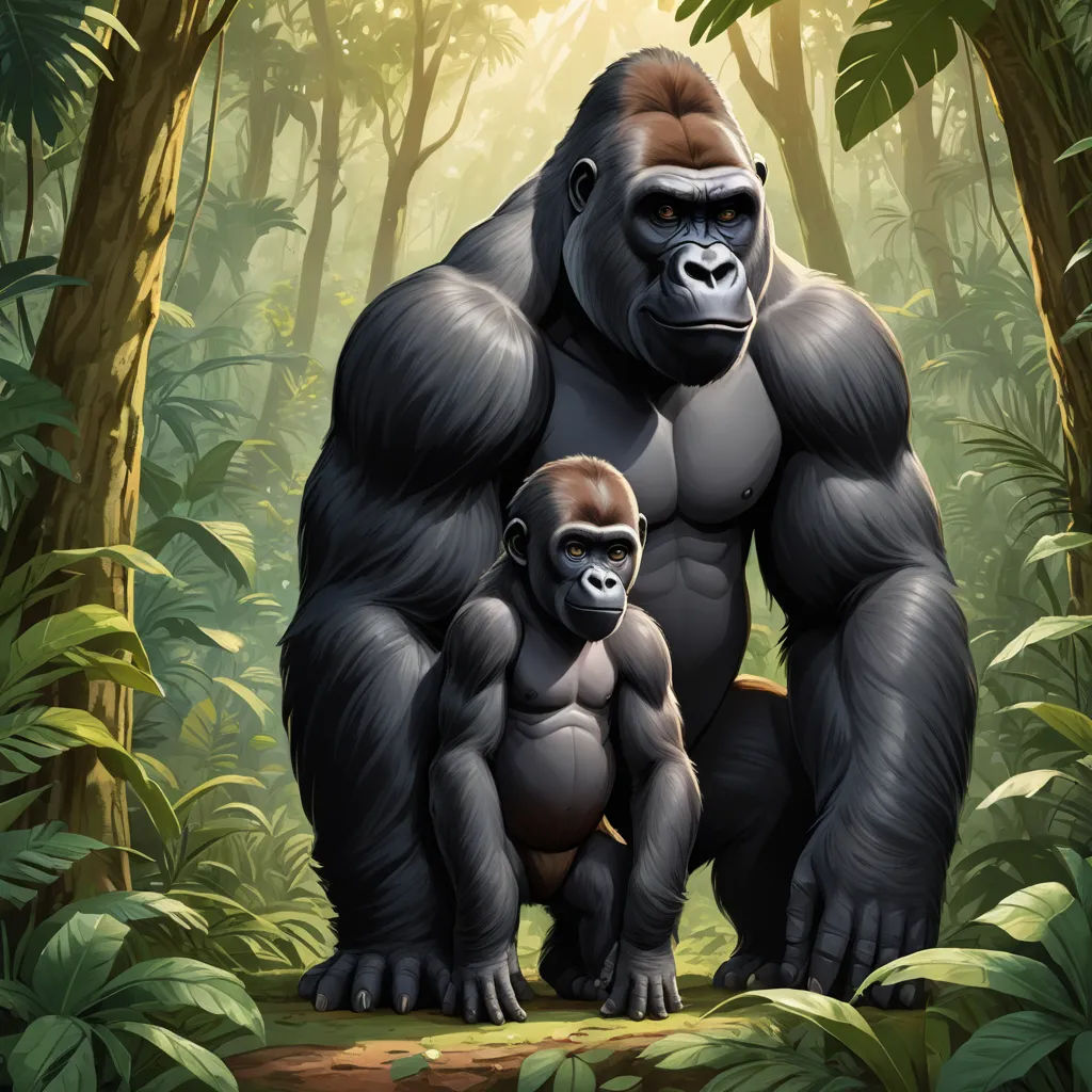 a gorilla and a baby gorilla standing in the jungle together, with sunlight streaming through the trees behind them, furry art, a digital painting, Alex Petruk APe, official art