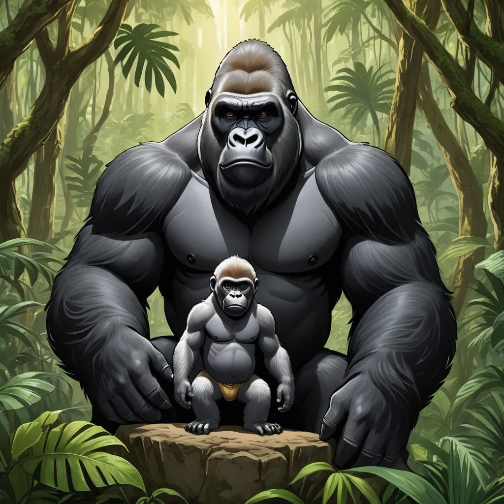a gorilla and a baby gorilla in a jungle with trees and plants in the background, with a light shining on the gorilla, furry art, a storybook illustration, Alex Petruk APe, official art