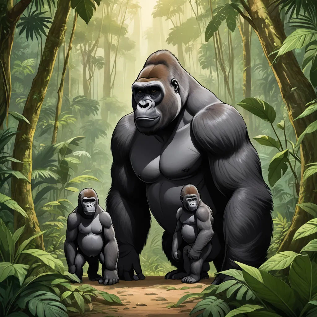 a big gorilla and two smaller gorillas in the jungle with trees and plants around them, with sunlight shining through the trees, naturalism, an illustration of, Alex Petruk APe, official art