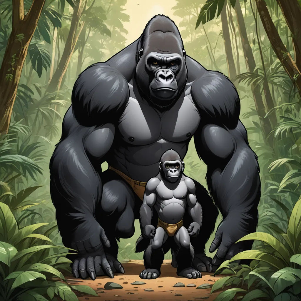 a gorilla and a baby gorilla standing in the jungle together, with a background of trees and foliage, with a sun shining through the leaves, furry art, a storybook illustration, Alex Petruk APe, official art