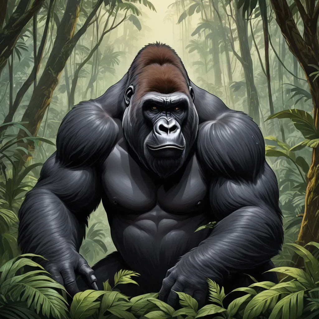 a gorilla in the middle of a jungle with trees and plants around it, with a light background and a place for text, furry art, a digital painting, Alex Petruk APe, highly detailed digital painting