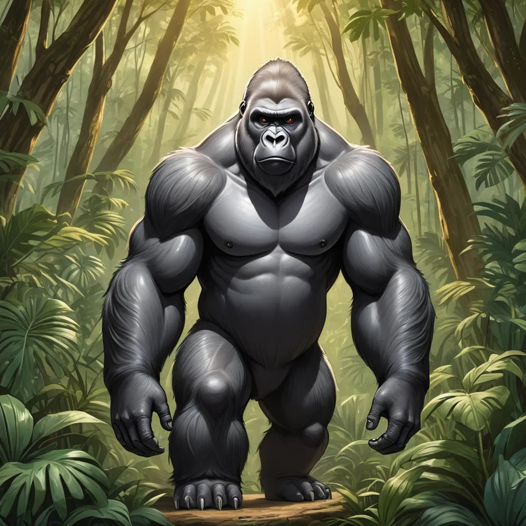 a gorilla standing in the middle of a jungle with a bright light behind it and trees and plants around it, furry art, a digital painting, Alex Petruk APe, trending on furaffinity