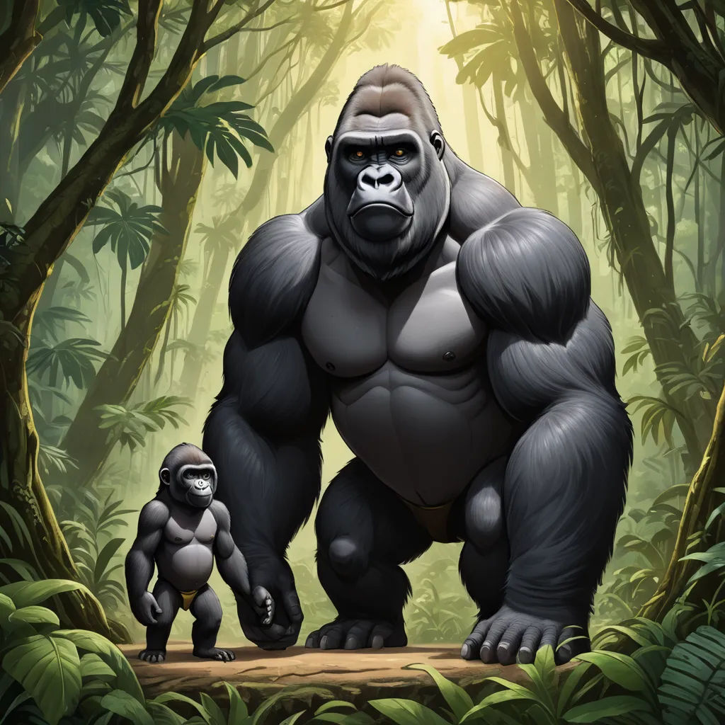 a gorilla and a gorilla standing in the middle of a forest with a light shining on them and a gorilla standing next to it, furry art, a digital painting, Alex Petruk APe, official art