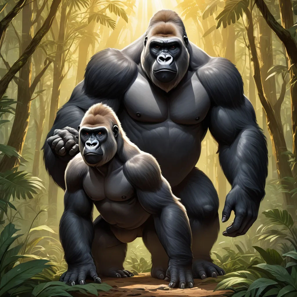 a gorilla and a gorilla standing in the middle of a forest with sunlight shining through the trees and leaves, furry art, a digital painting, Alex Petruk APe, professional digital painting