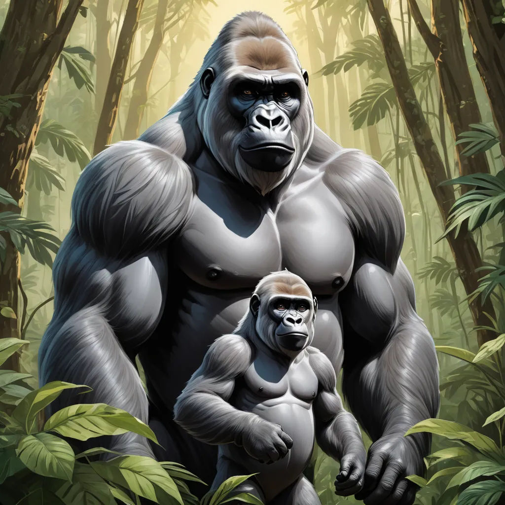 a gorilla and a baby gorilla in a jungle with sunlight coming through the trees and leaves on the ground, furry art, a digital painting, Alex Petruk APe, official art