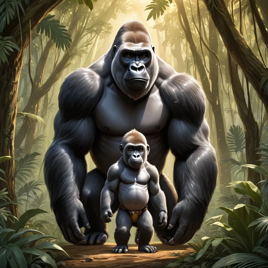 a gorilla and a baby gorilla standing in a forest with trees and leaves on the ground, with sunlight streaming through the trees, furry art, poster art, Alex Petruk APe, cgstudio