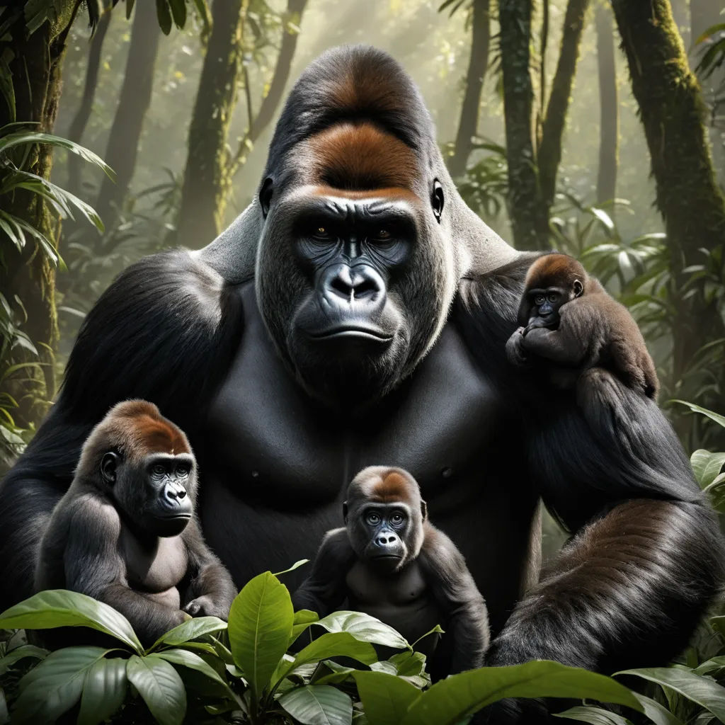 a big gorilla and two smaller gorillas in the jungle with trees and plants in the background, with sunlight streaming through the trees, sumatraism, a digital rendering, Alex Petruk APe, wildlife photography