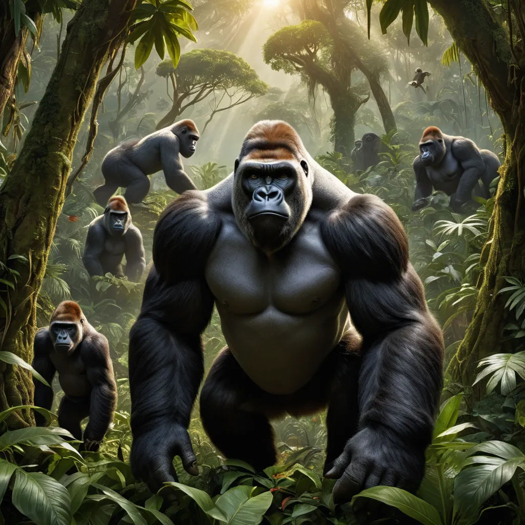 a group of gorillas in a jungle with trees and bushes in the background, with sunlight shining through the trees, primitivism, poster art, Alex Petruk APe, weta digital
