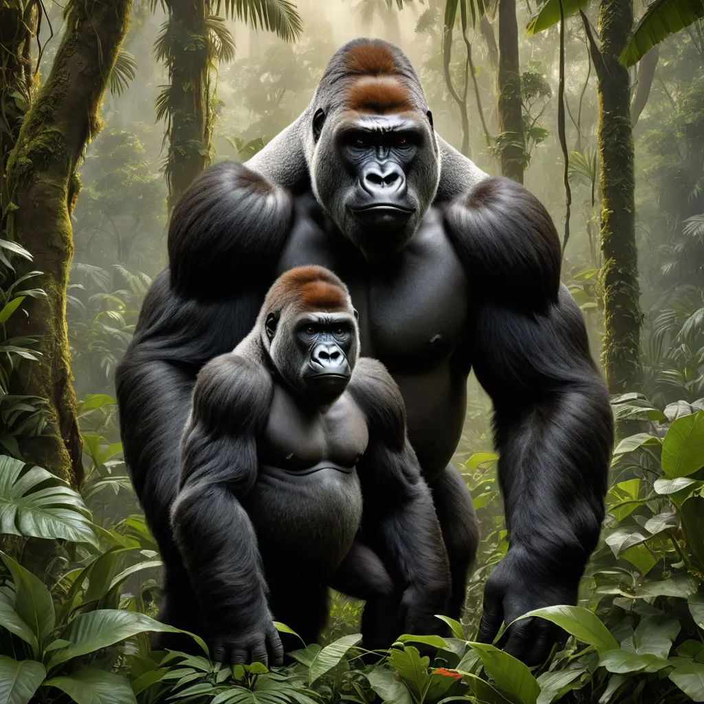 a couple of gorillas standing in the middle of a forest with trees and plants around them and one is holding the other, sumatraism, a digital rendering, Alex Petruk APe, wildlife photography