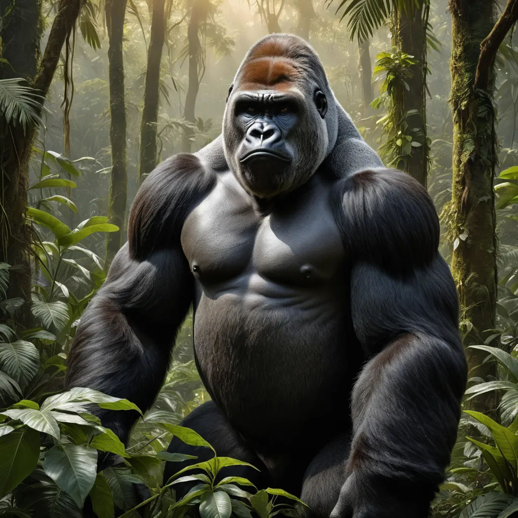 a gorilla standing in the middle of a forest with trees and plants around it and a sunbeam in the background, naturalism, a digital rendering, Alex Petruk APe, weta digital