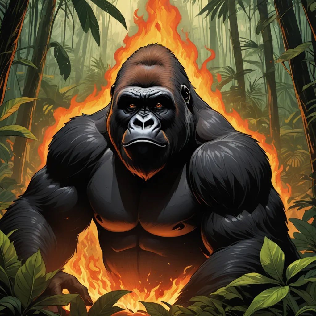 a gorilla standing in the middle of a forest with flames in its mouth and a flame in his mouth, sumatraism, an illustration of, Alex Petruk APe, comic cover art