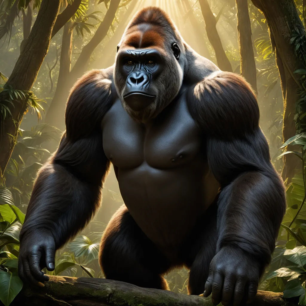 a gorilla standing in the middle of a forest with a tree branch in its hand and a sunbeam in the background, furry art, a digital painting, Alex Petruk APe, weta digital