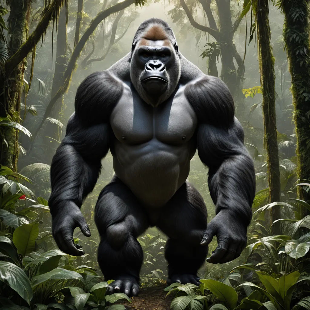 a gorilla standing in the middle of a forest with trees and plants around it and a light shining on the gorilla, sumatraism, a digital rendering, Alex Petruk APe, weta digital