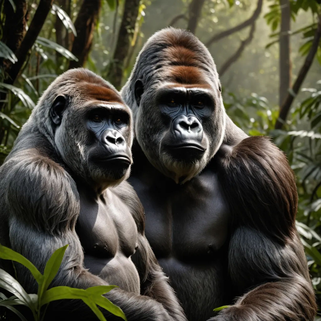 two gorillas standing in the middle of a forest with trees and bushes behind them, one of them is looking at the camera, sumatraism, a stock photo, Arie Smit, wildlife photography