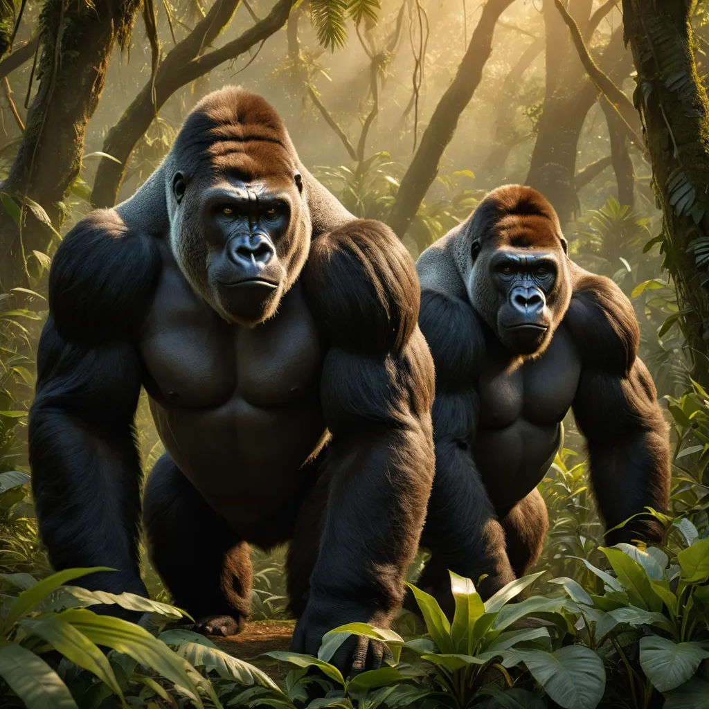 two gorillas standing in the middle of a jungle with trees and plants in the background and sunlight shining through the trees, primitivism, a digital painting, Alex Petruk APe, cgstudio