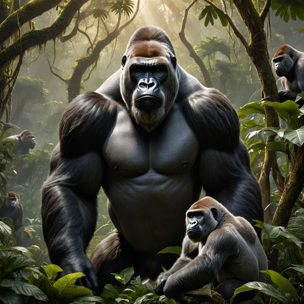 a big gorilla standing in the middle of a forest with two smaller gorillas behind it and a third gorilla standing behind it, sumatraism, a detailed matte painting, Alex Petruk APe, weta digital