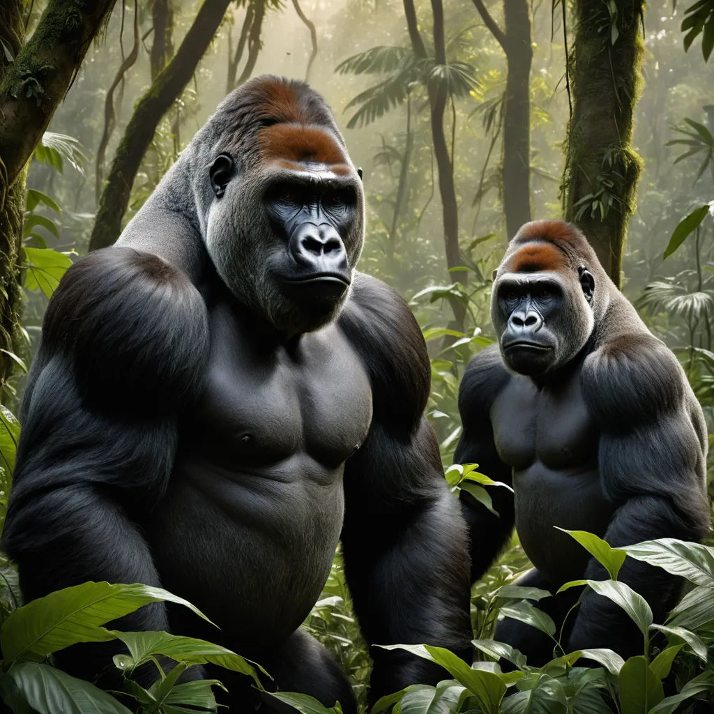 two gorillas standing in the middle of a jungle with trees and plants around them, one of them is looking at the camera, sumatraism, a digital rendering, Alex Petruk APe, wildlife photography