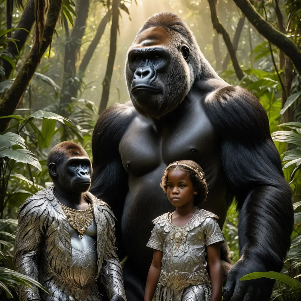 a woman and a child standing in front of a gorilla in the jungle with a gorilla on his back, primitivism, a poster, Alex Petruk APe, vfx