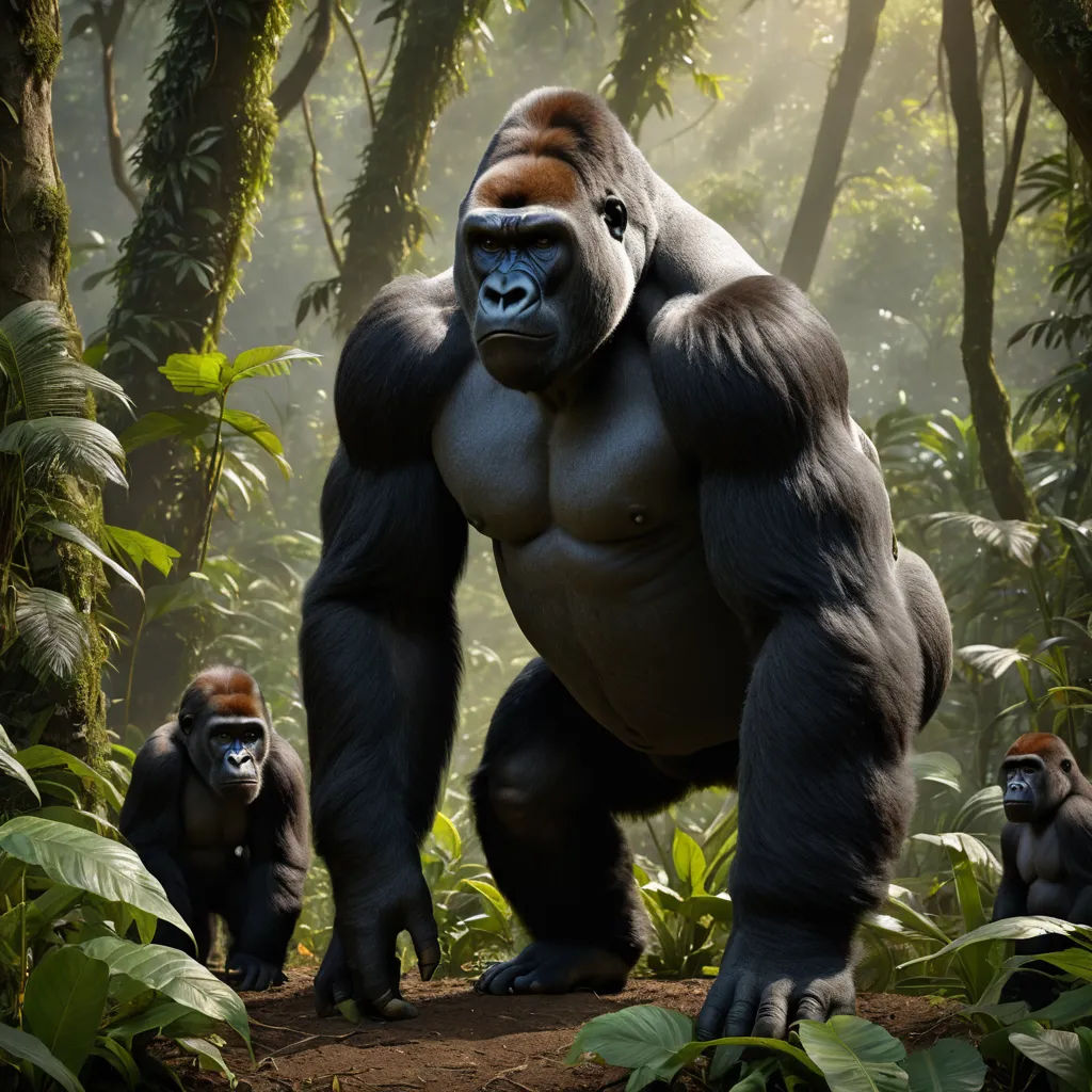 a big gorilla standing in the middle of a forest with two smaller gorillas behind it and a third gorilla standing behind it, primitivism, a 3D render, Alex Petruk APe, weta digital