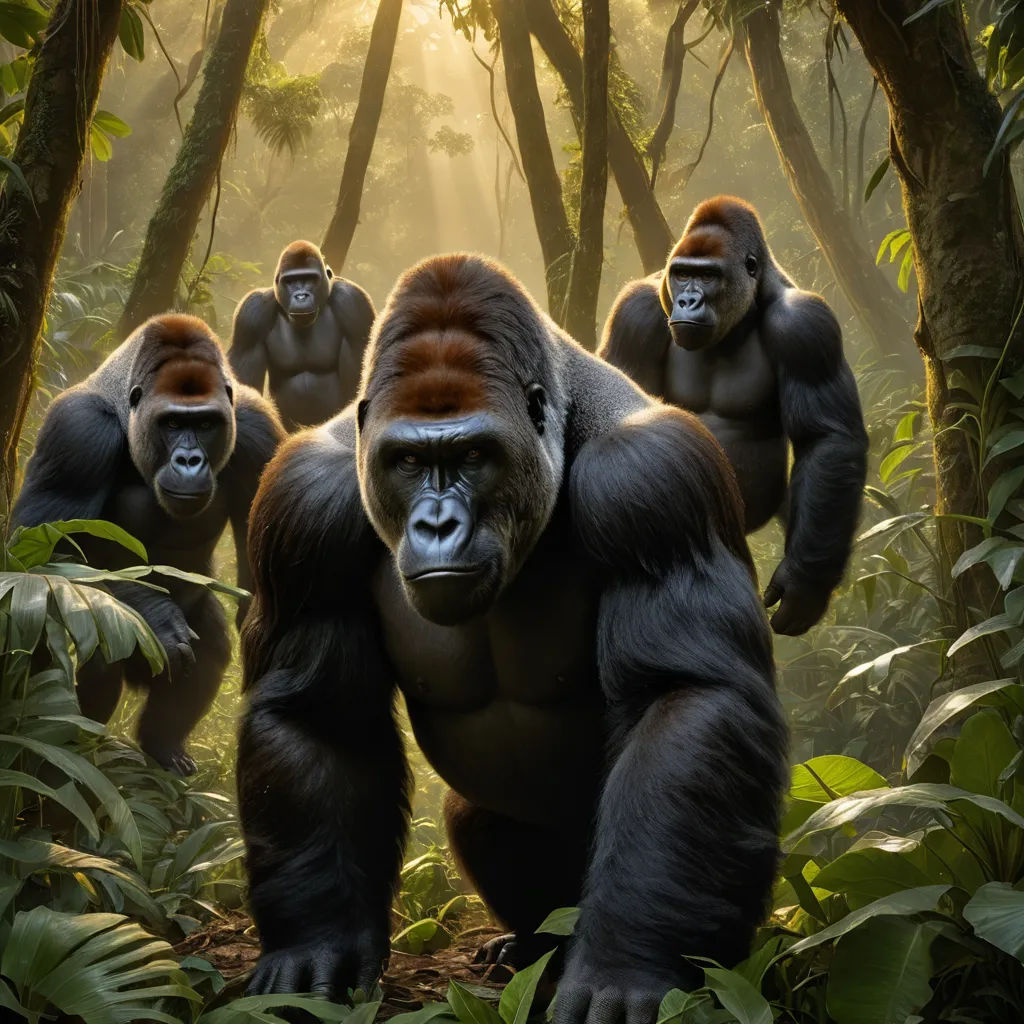 a group of gorillas in a jungle with trees and plants in the background and sunlight shining through the trees, primitivism, a digital painting, Alex Petruk APe, wildlife photography