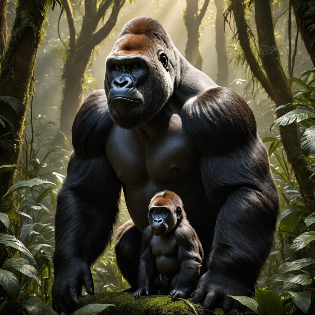 a gorilla and a baby gorilla standing in the jungle together, with sunlight streaming through the trees behind them, sumatraism, a digital painting, Alex Petruk APe, weta digital