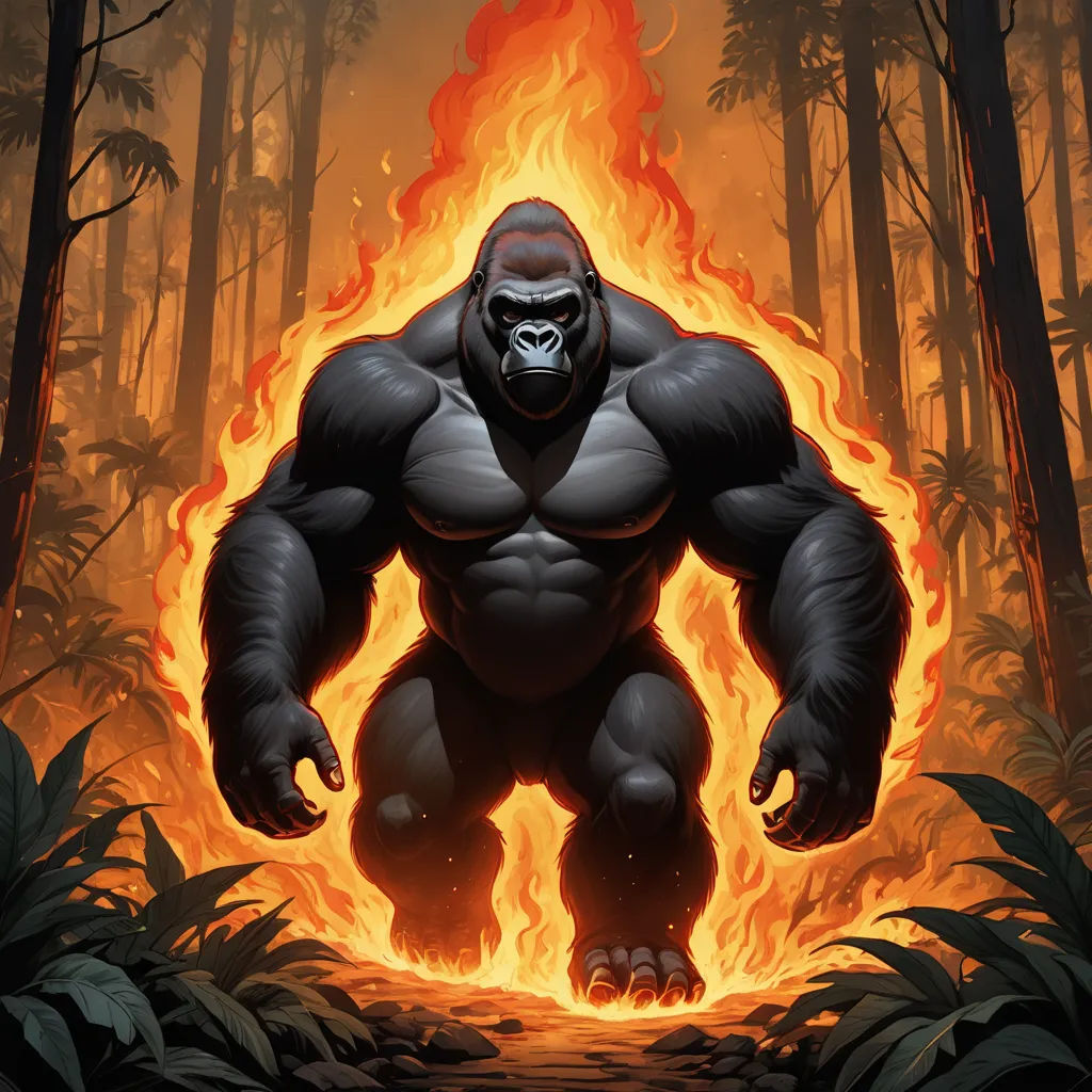 a gorilla standing in a forest with a blazing flame behind it's back legs and a large, muscular body, furry art, an illustration of, Alex Petruk APe, magic the gathering artwork