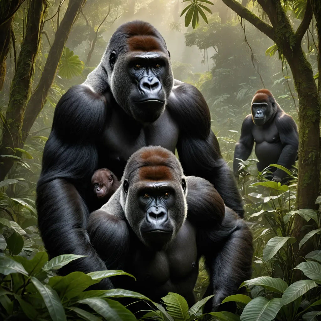 a group of gorillas standing in the middle of a forest with trees and bushes around them, with one gorilla looking at the camera, primitivism, a digital painting, Alex Petruk APe, wildlife photography