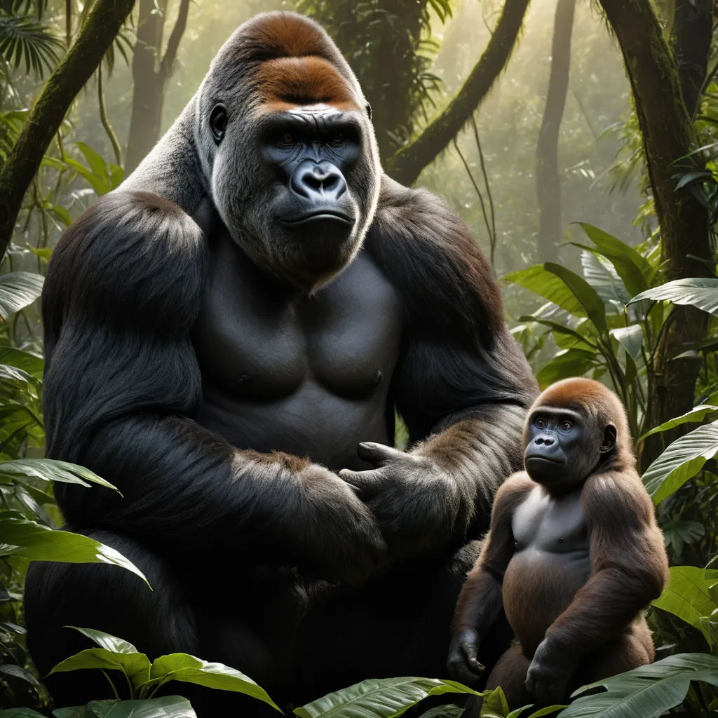 a big gorilla and a small gorilla in the jungle together, with a baby gorilla in the foreground, sumatraism, a digital painting, Alex Petruk APe, wildlife photography