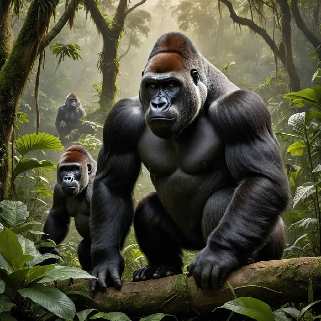 a big gorilla and a smaller gorilla are in the jungle together, with trees and foliage in the background, primitivism, a digital painting, Alex Petruk APe, wildlife photography
