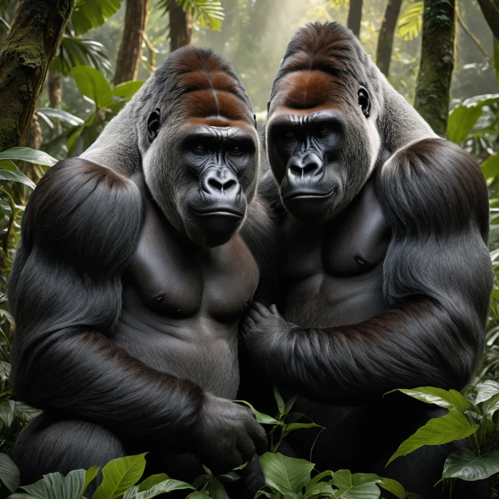two gorillas sitting in the middle of a forest with trees and plants around them, with one of them holding the other, sumatraism, an album cover, Arie Smit, wildlife photography