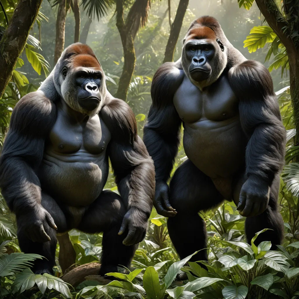 two gorillas are standing in the middle of a jungle with trees and plants behind them, one is looking at the camera, primitivism, a digital painting, Alex Petruk APe, weta digital