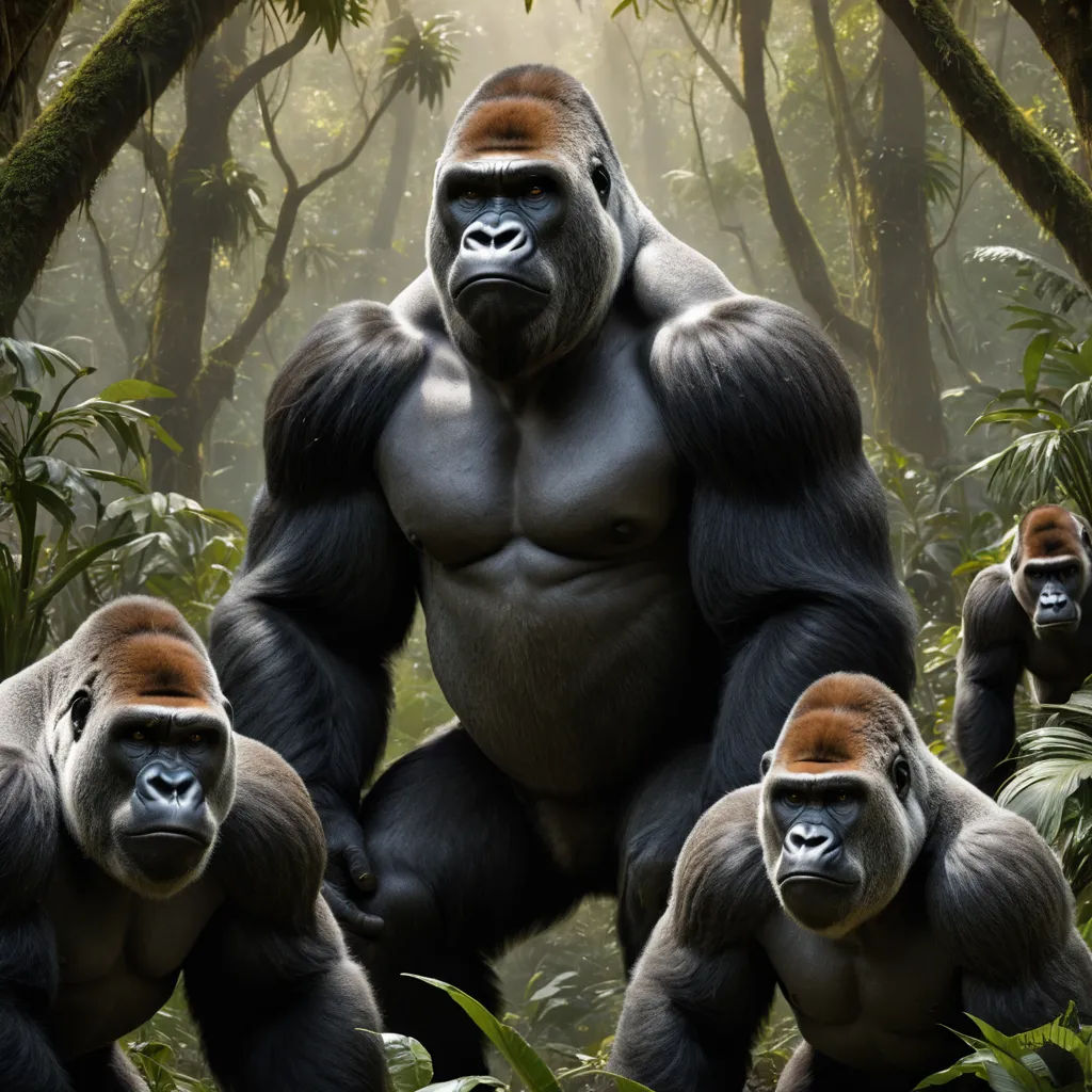 a group of gorillas standing in a forest with trees and bushes in the background, with one gorilla looking at the camera, sumatraism, a digital rendering, Alex Petruk APe, weta digital