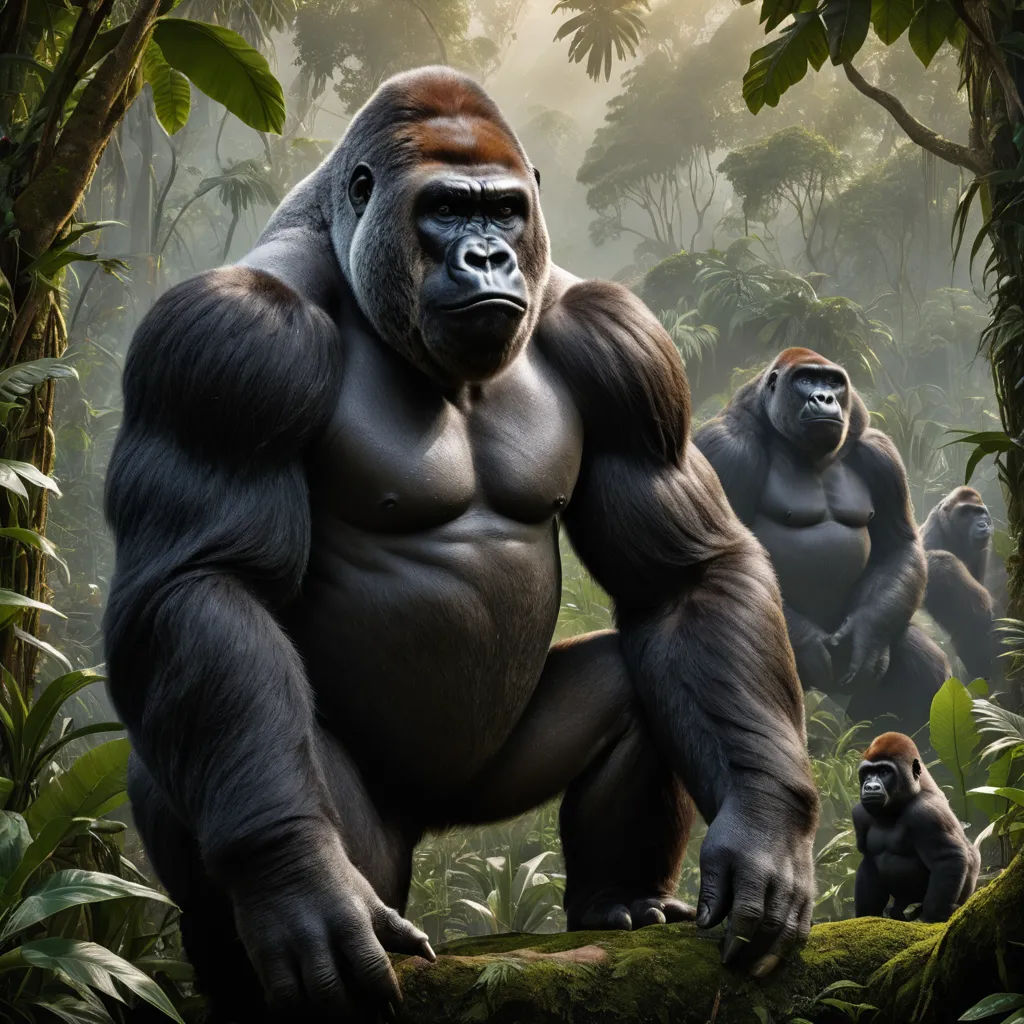 a big gorilla standing in the middle of a jungle with other gorillas in the background and a baby gorilla in the foreground, primitivism, a detailed matte painting, Alex Petruk APe, weta digital