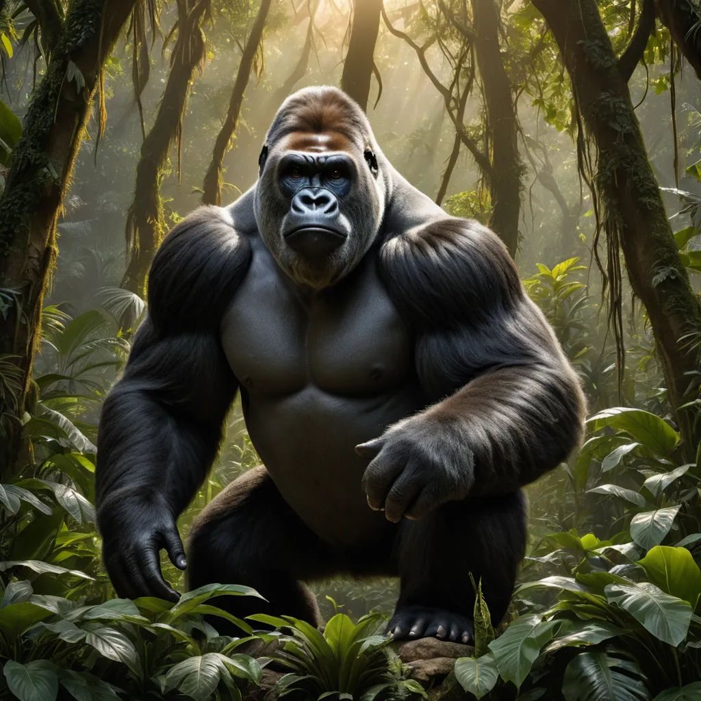 a big gorilla standing in the middle of a forest with trees and plants around it and a bright light shining on the gorilla, sumatraism, a digital painting, Alex Petruk APe, weta digital