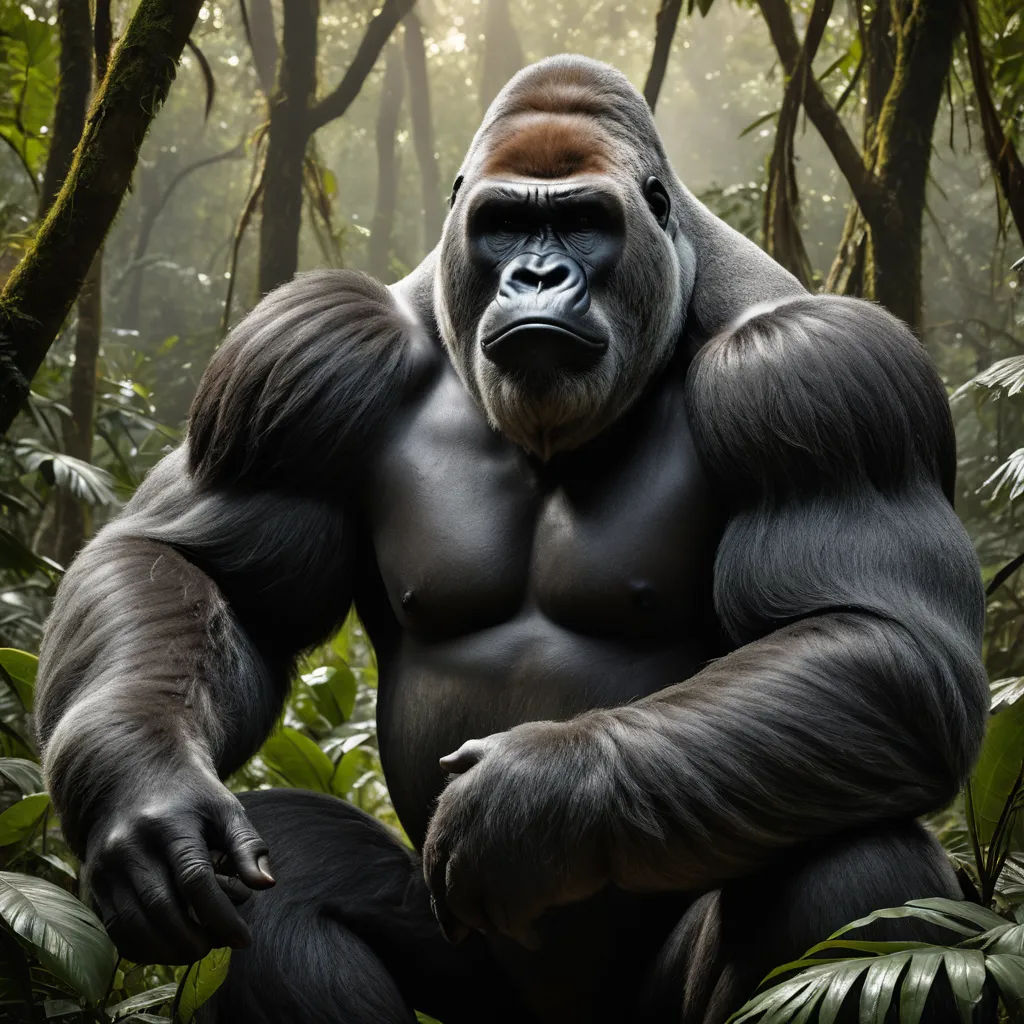 a gorilla standing in the middle of a forest with trees and plants around it's sides and his hands on his hips, sumatraism, a character portrait, Alex Petruk APe, weta digital