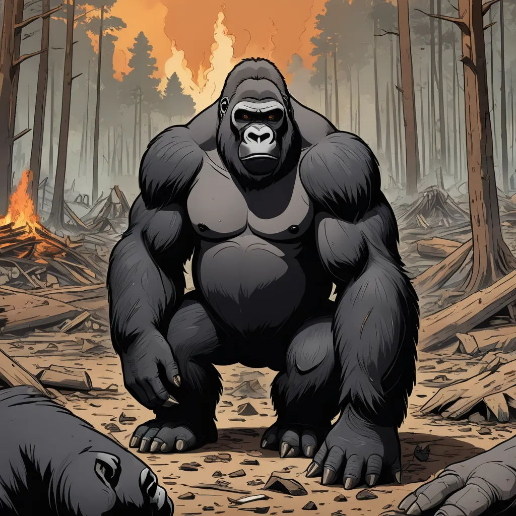 a gorilla standing in the middle of a forest with a fire in the background and a bear laying on the ground, serial art, a poster, Alex Petruk APe, laurie greasley