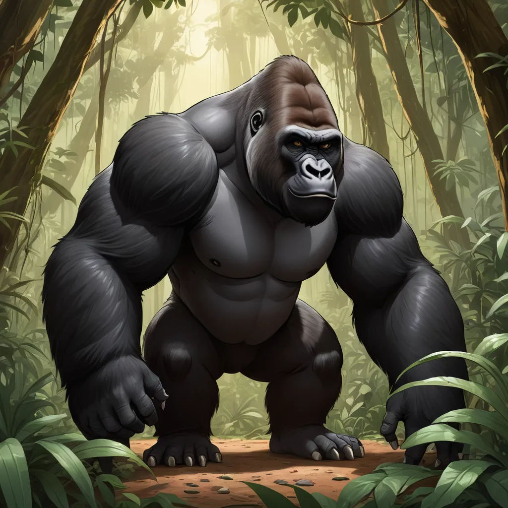 a gorilla standing in the middle of a forest with trees and plants around it, with a light shining on the ground, furry art, an illustration of, Alex Petruk APe, trending on furaffinity