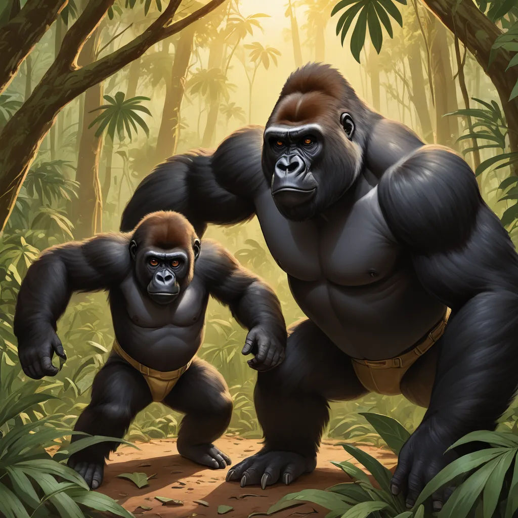 a gorilla and a gorilla standing in the jungle together, with a gorilla in the foreground and a gorilla in the background, primitivism, a digital painting, Alex Petruk APe, official art