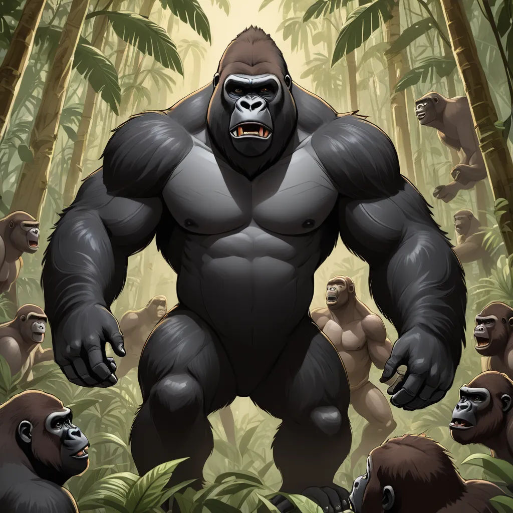 a big gorilla standing in the middle of a jungle with other gorillas in the background and a third gorilla standing in the foreground, furry art, an illustration of, Alex Petruk APe, furaffinity