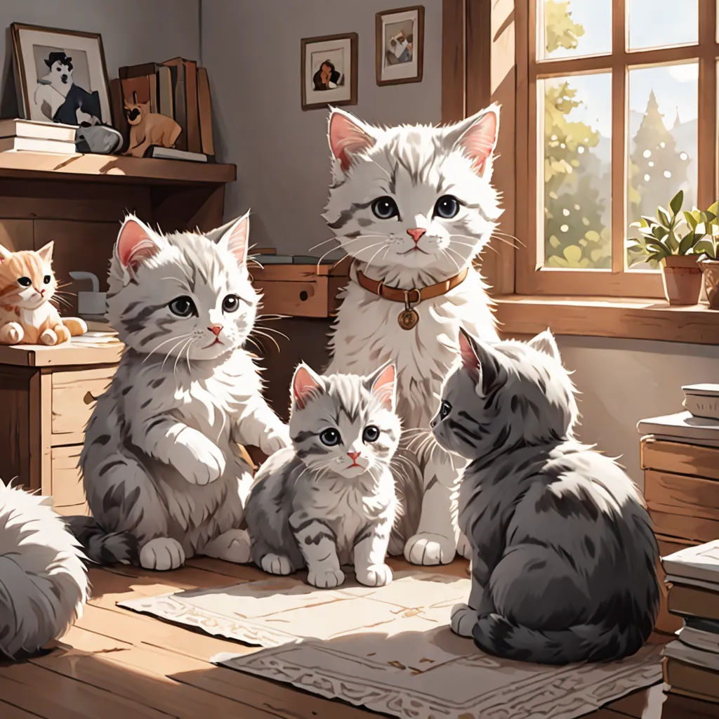 a group of cats sitting on a table next to a window and a cat toy on the floor next to it, furry art, a detailed painting, Anne Said, trending on art station