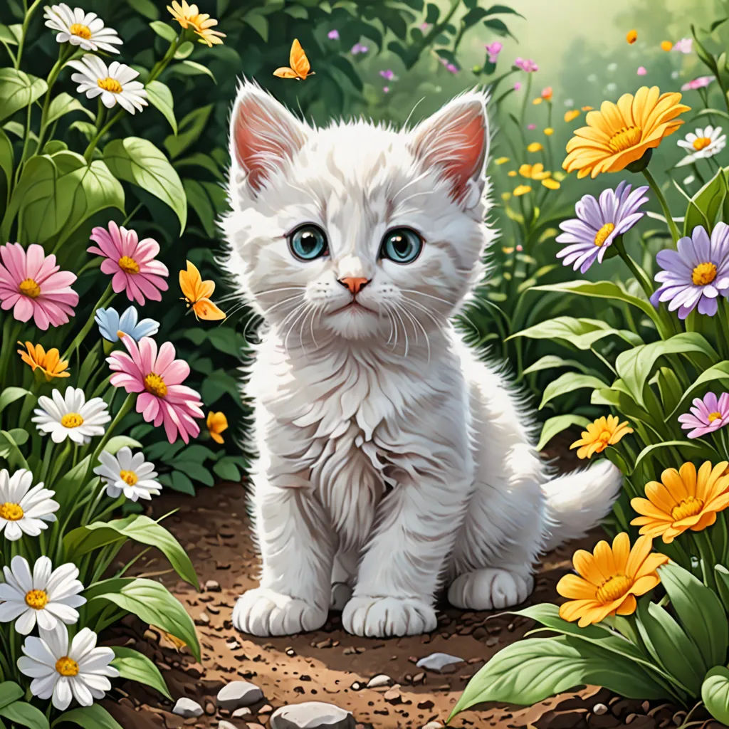 a painting of a kitten sitting in a field of flowers and daisies with a butterfly flying above it, fantasy art, computer graphics, Dave Melvin, highly detailed digital painting